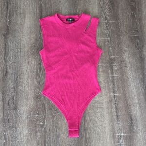 NEW! 7 FOR ALL MANKIND Sleeveless Shoulder Cut Out Ribbed Bodysuit Barbie Pink